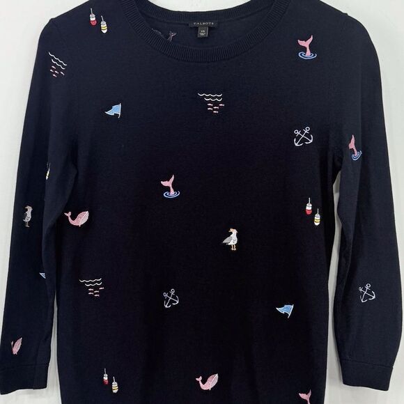 Talbots Nautical Embroidered Theme Navy Blue Long Sleeve Crew Knit Sweater - Picture 4 of 12